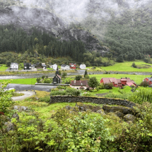 View of green valley from a train on the way to Balestrand Norway