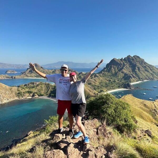 Retirement Travelers on top of mountain overlooking Komodo National Park