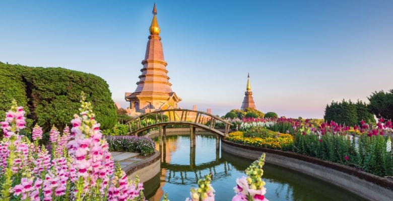 View of temple, bridge, pond and gardens in Chiang Main Thailand