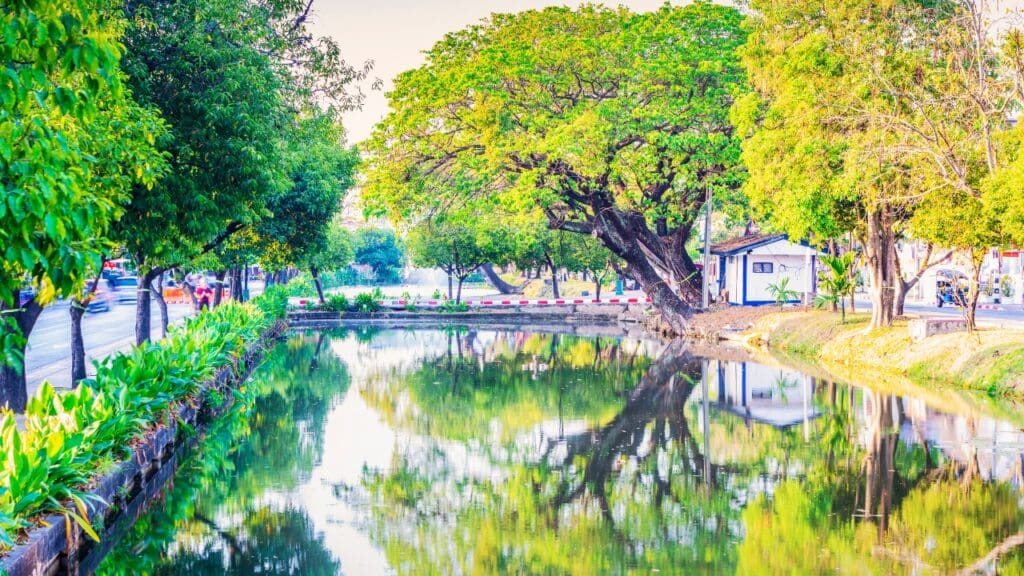 park area with pond in Chiang Mai, Thailand