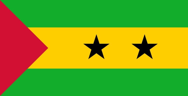 Green and yellow stripes with red triangle and black stars of Sao Tome flag