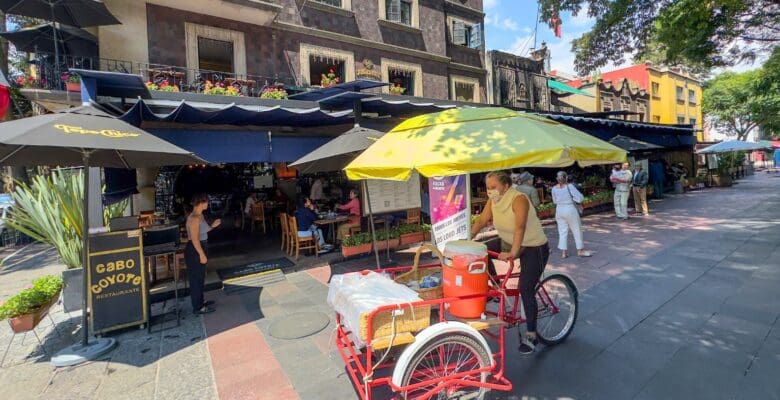 woman on bike selling items
