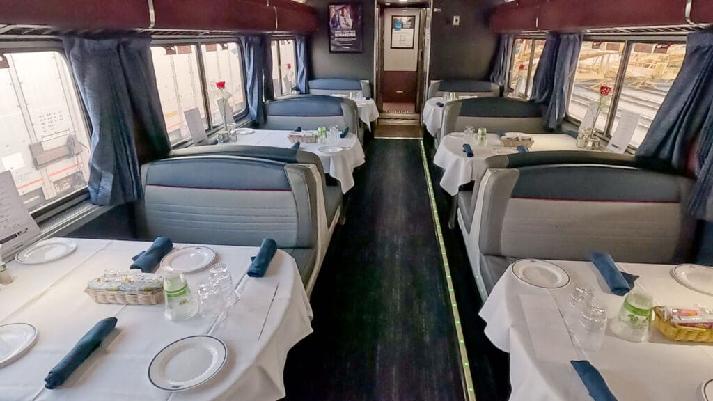 A view of the Dining Car on Amtrak.