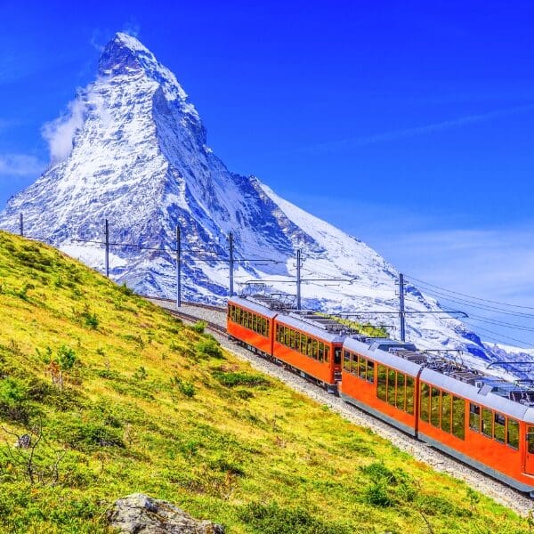 train and matterhorn mountain in switzerland